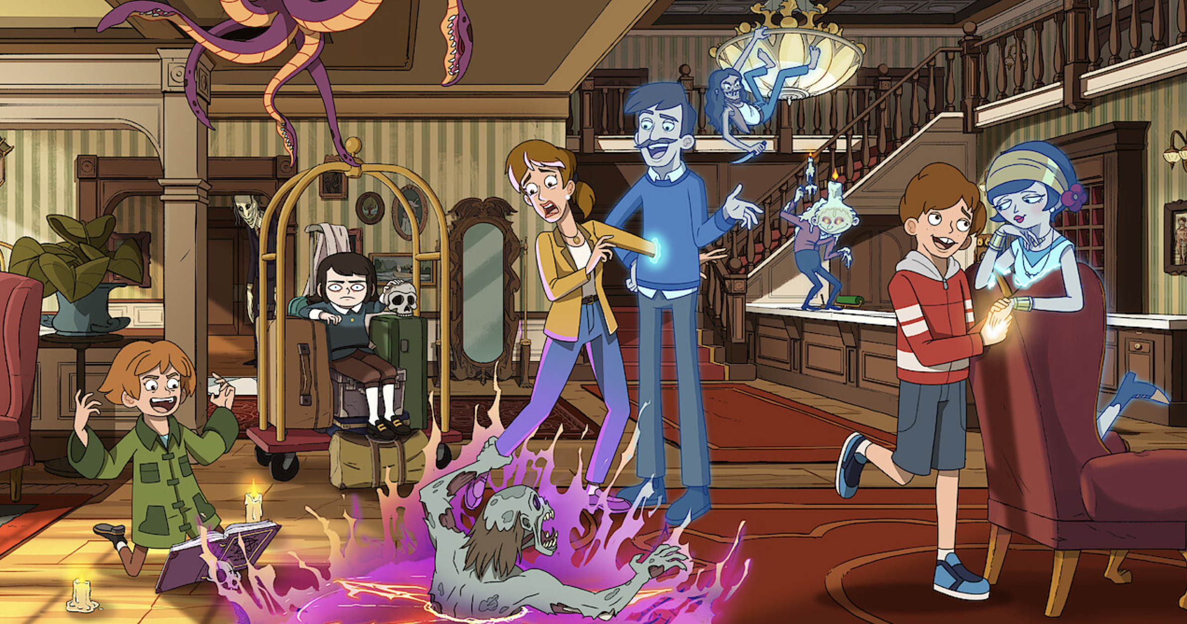 Haunted Hotel mixes supernatural comedy with character-driven moments Haunted Hotel animated characters gathered in the Undervale lobby among ghosts and supernatural activity